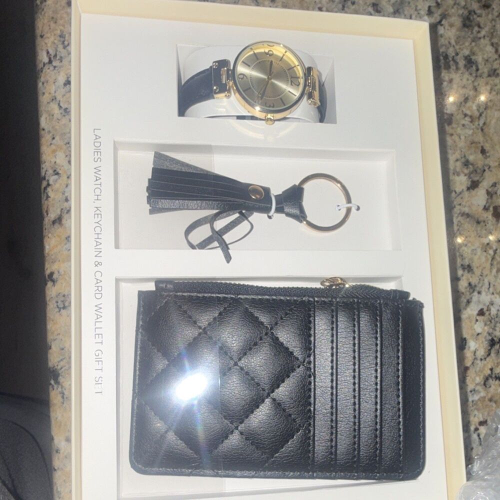 Women's Gold Tone Dress Watch, Black Leather Band, Keychain & Card Wallet Set